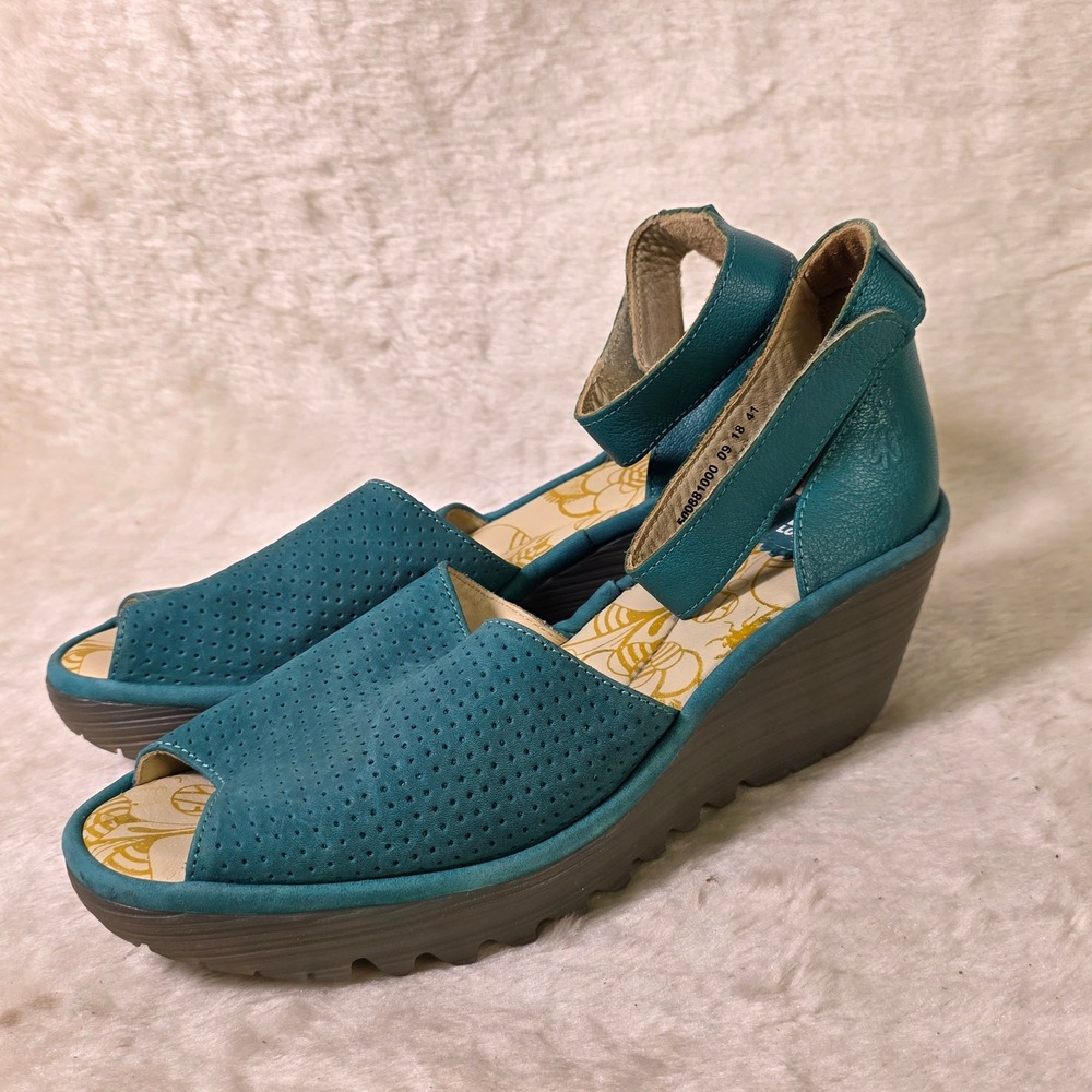 Fly London Yuna Perforated Leather Wedge Sandals Teal Turquoise Women 41 10